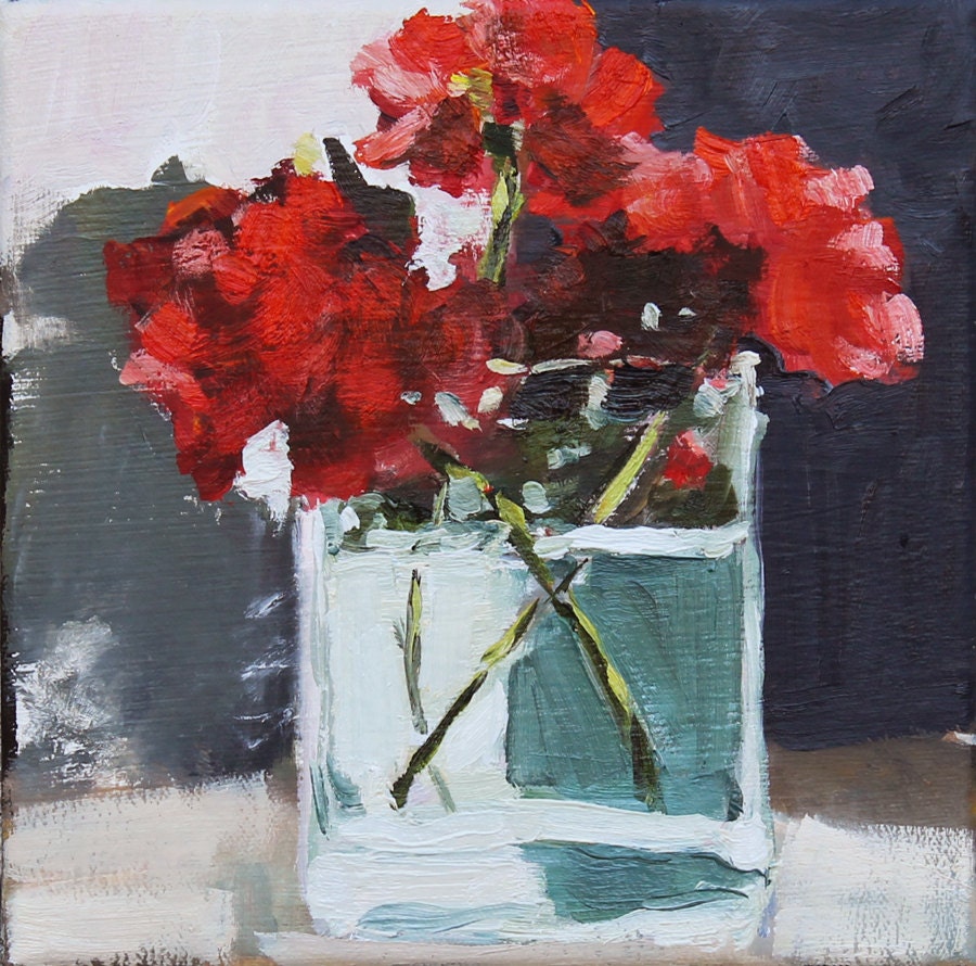 Still Life Painting, Geraniums in Glass Vase, Original Oil  on Canvas, 8x8 inch wall decor