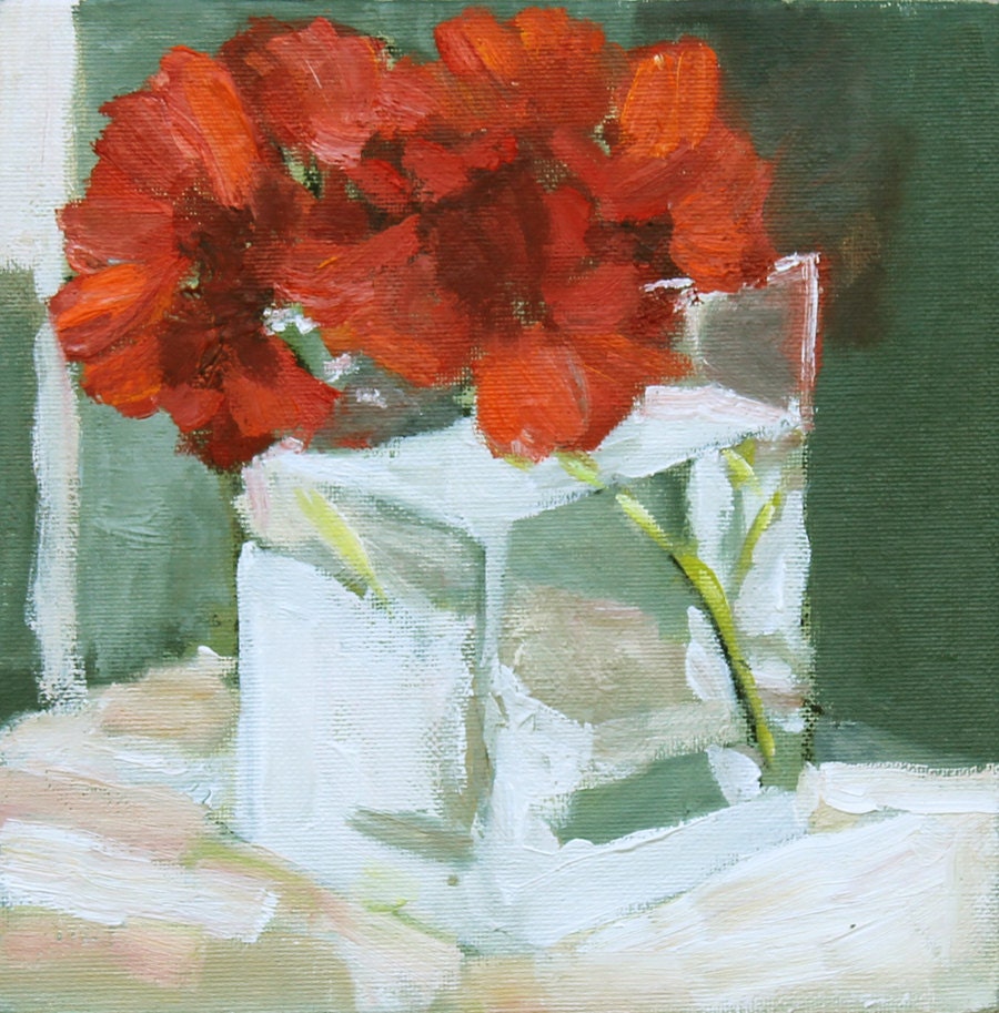Still Life Painting with flowers and glass vase Oil on canvas board 8x8 inch wall decor