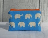Zipper pouch, blue elephants with dark orange zipper