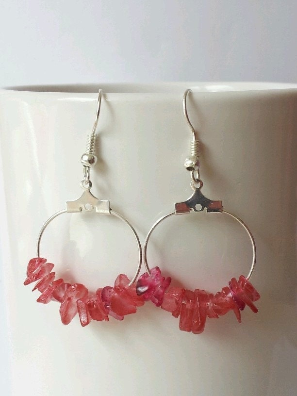 Hoop Earrings, Pink Hoop Earrings, Chip Bead Earrings, Dangle Earrings