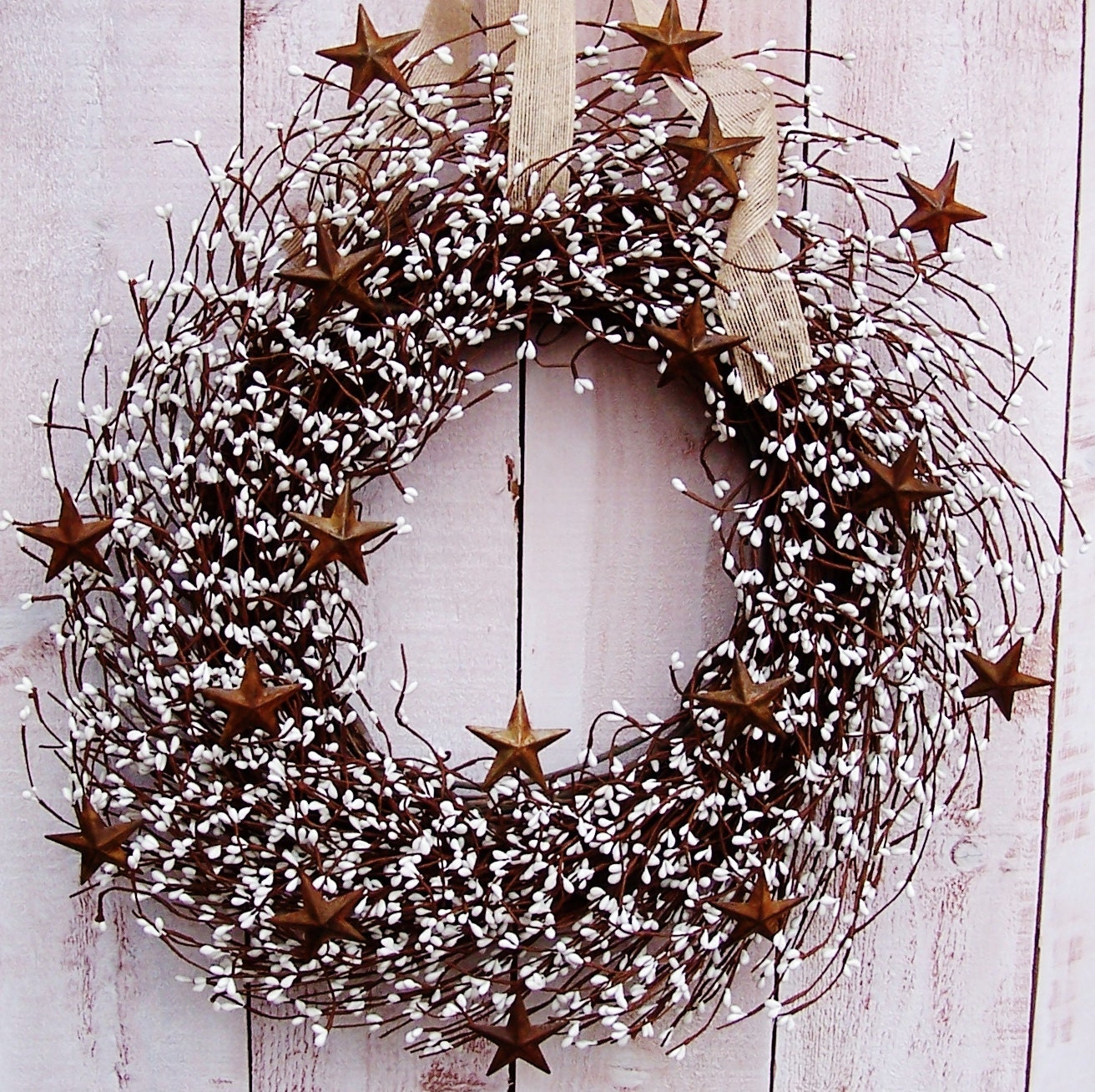 Spring/Summer Wreath-Front Door Wreath-BURLAP & WHITE Rusty Star Berry Door Wreath-Spring Decor-Rustic Primitives Country Decor