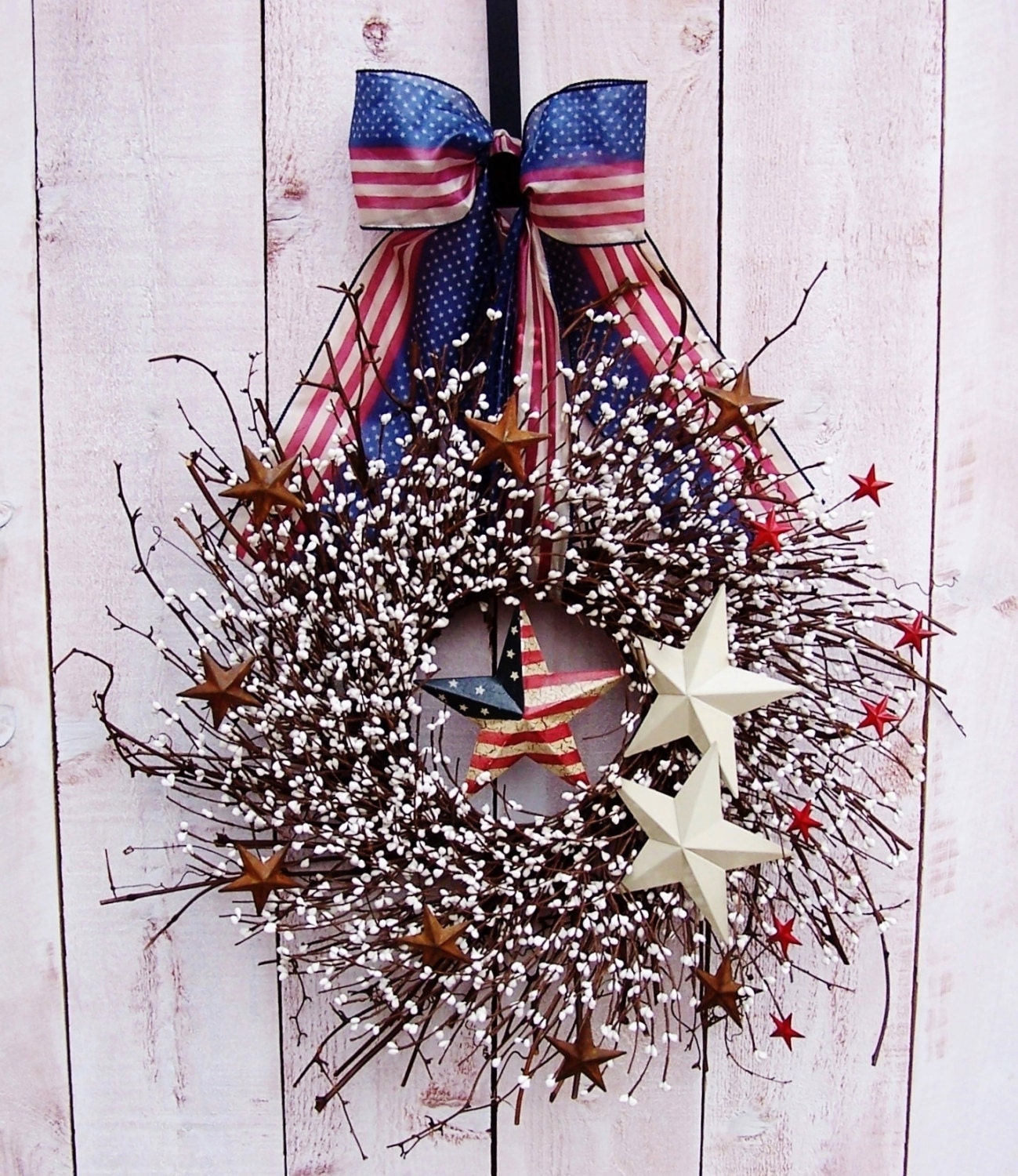 Spring/Summer Wreath-Front Door Wreath-AMERICANA RED STARS Patriotic White Berry Twig Door Wreath-Holiday Wreath-Americana Decor