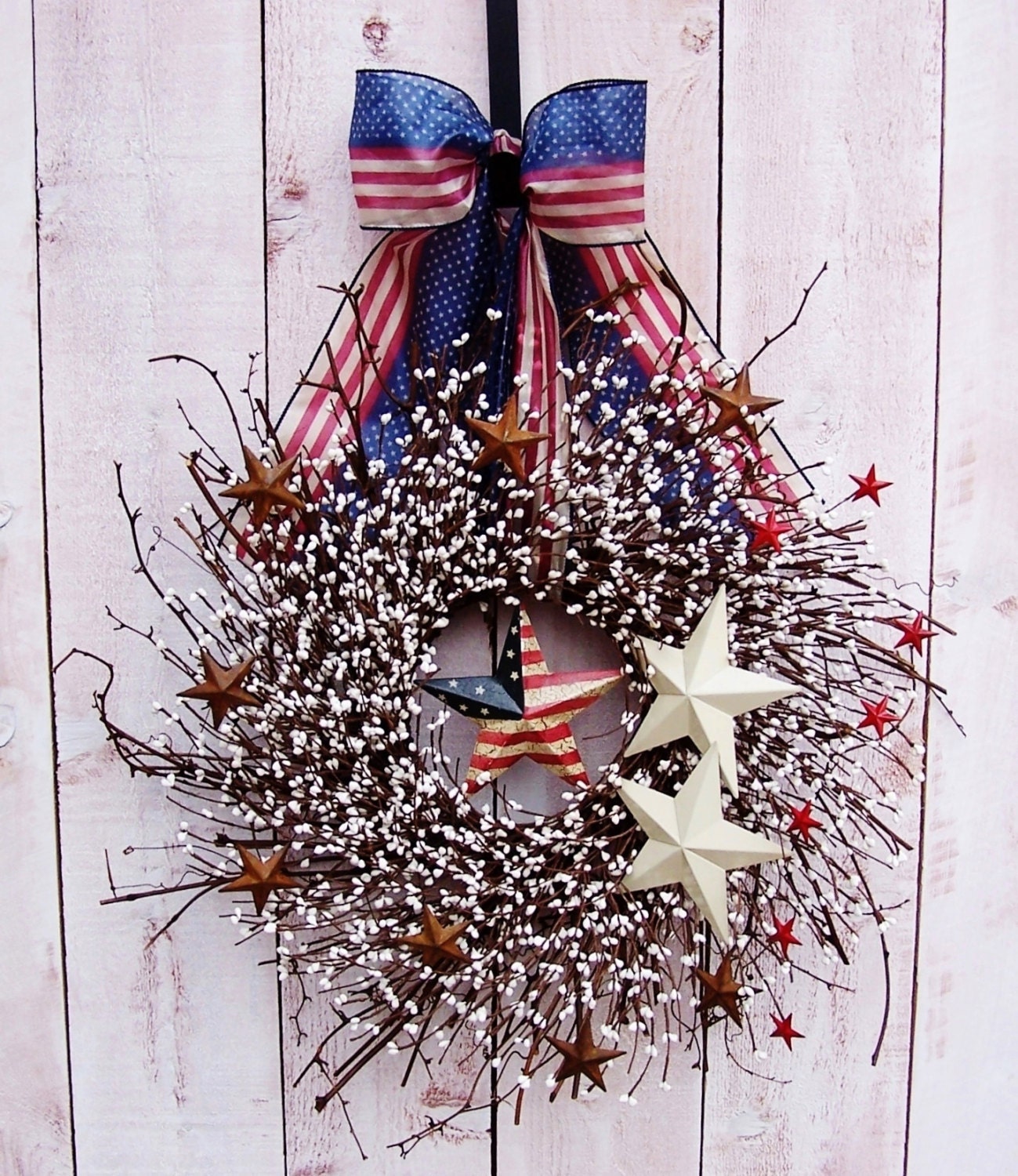 Summer Wreath-4th of July Wreath-Front Door Wreath-AMERICANA RED STARS Patriotic White Berry Twig Door Wreath-4th of July Americana Decor