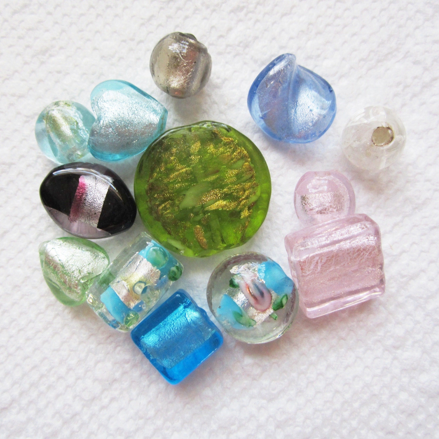 Glass Bead Mix, Lampwork, Foil, Iridescent, Various Shapes and Sizes -- 13 beads