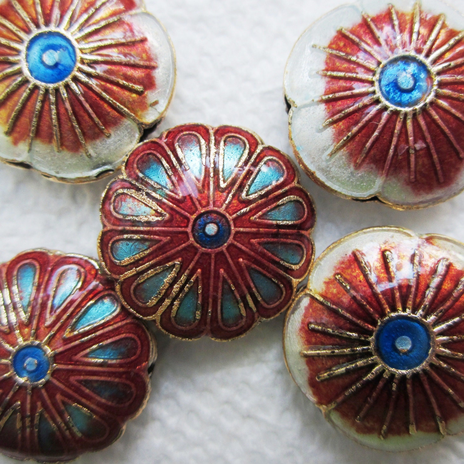 Flower Cloisonne Coin Beads, Fall Colors, 19 mm x 7 mm -- 5 Beads