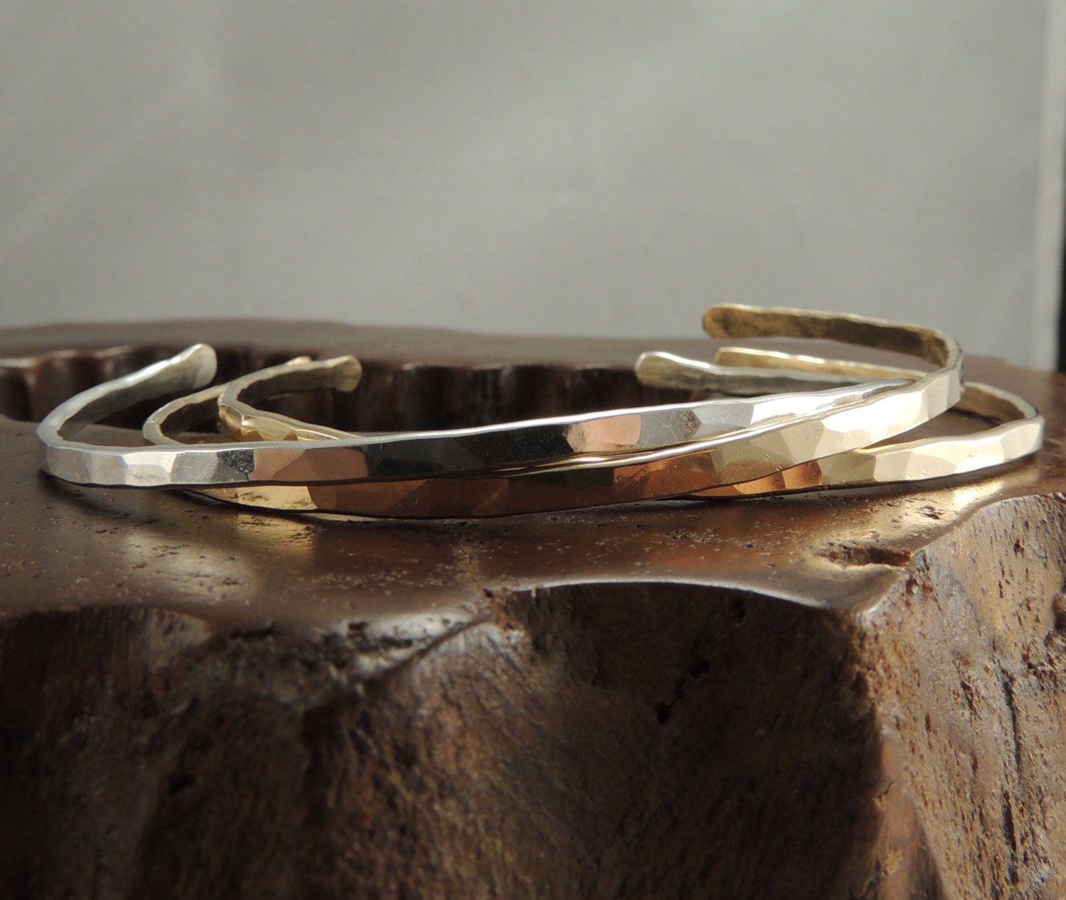 3 Simple Cuffs 14k Gold Fill, Sterling Silver, 14k Rose Gold Fill Hammered Cuff Bracelet, Stacking Cuffs
