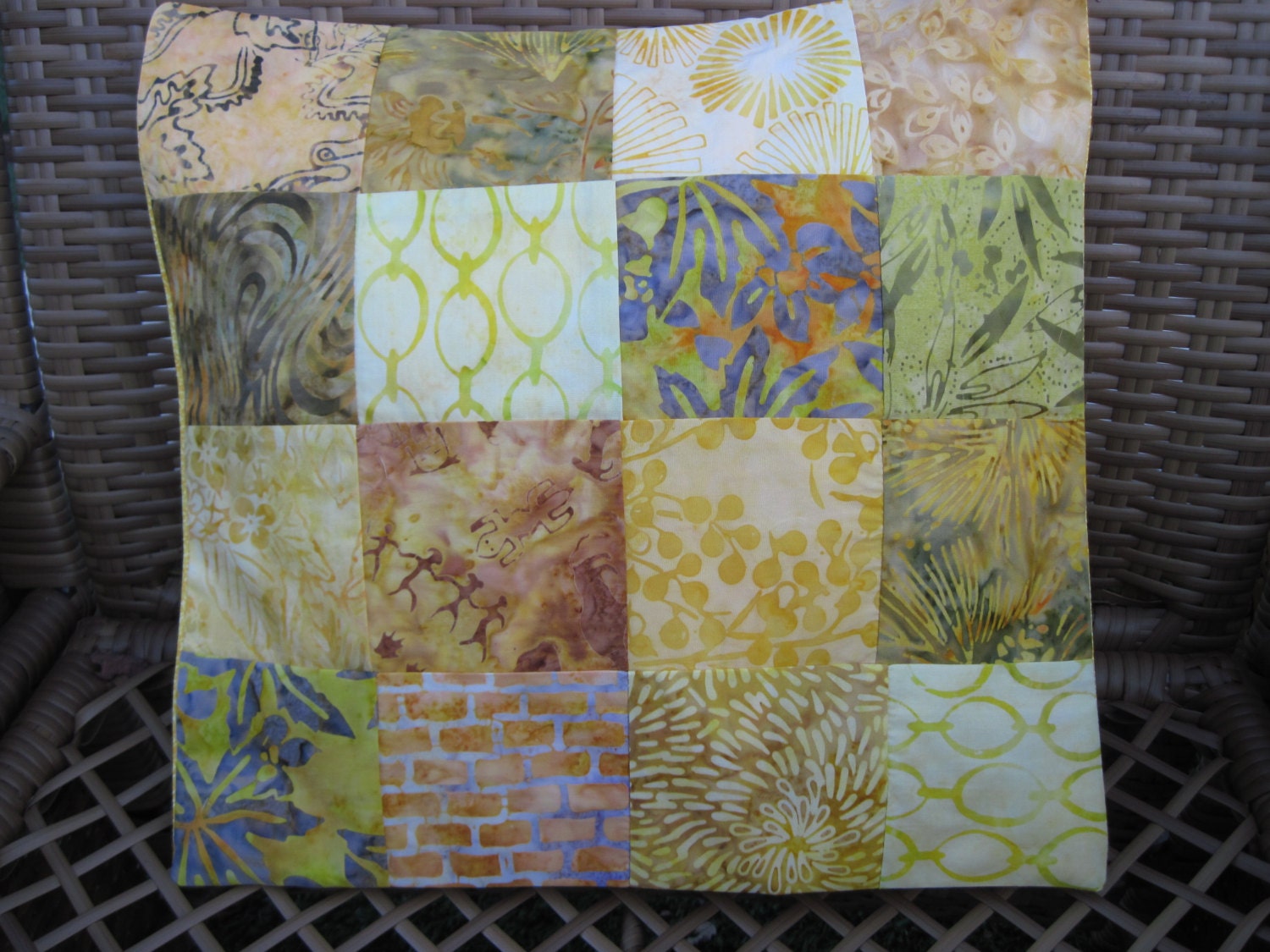 14" x 14" PILLOW COVER - Southwest Petroglyph and Nature 16 Squares Sunrise Yellows Fine Batiks