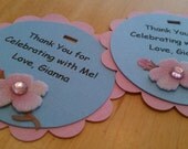 personalized pink flower party favor, thank you, birthday tags - set of 8