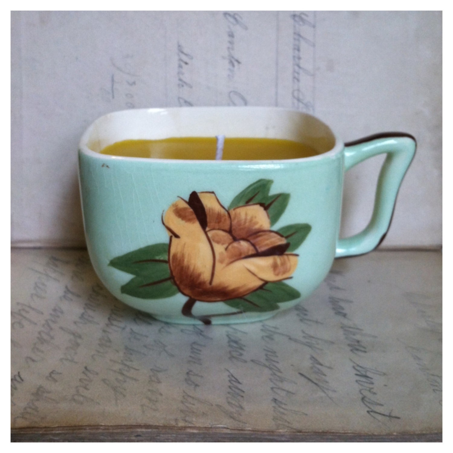 PURE Organic Beeswax Candle in Vintage Tea Cup 6oz.