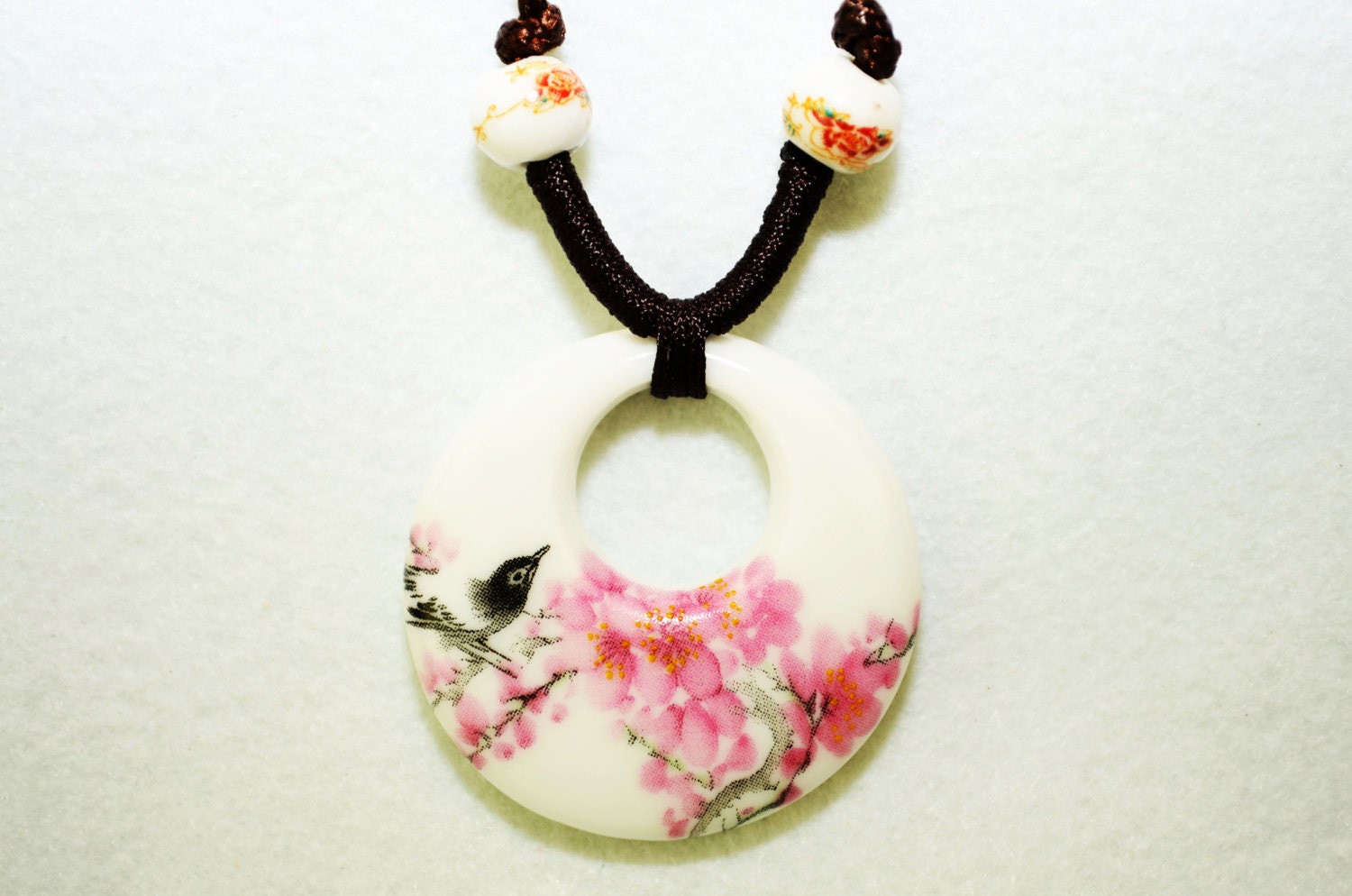 Ceramic charm necklace,women pendant jewelry, white porcelain jewelry, pink peony with a bird, beaded necklace, gift for her