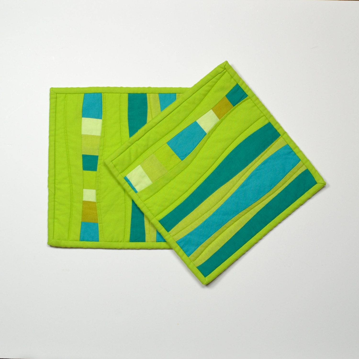 Modern Pot Holders, Lime Green Potholders, Lime Green, Teal, Quilted Potholders