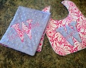 Personalized minky baby blanket and bib set monogrammed damask lavender pink