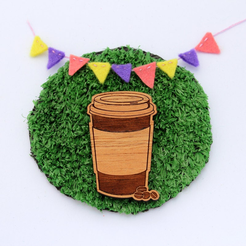 Wood laser cut brooch - takeaway coffee latte cup and coffee beans