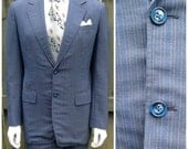 Vintage -- Mens Blue Gold & Green Pinstripe 2 Piece Suit -- Tailor Made April 1981 -- Bespoke