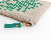 Linen zipper pouch, green triangles, silkscreened, makeup bag