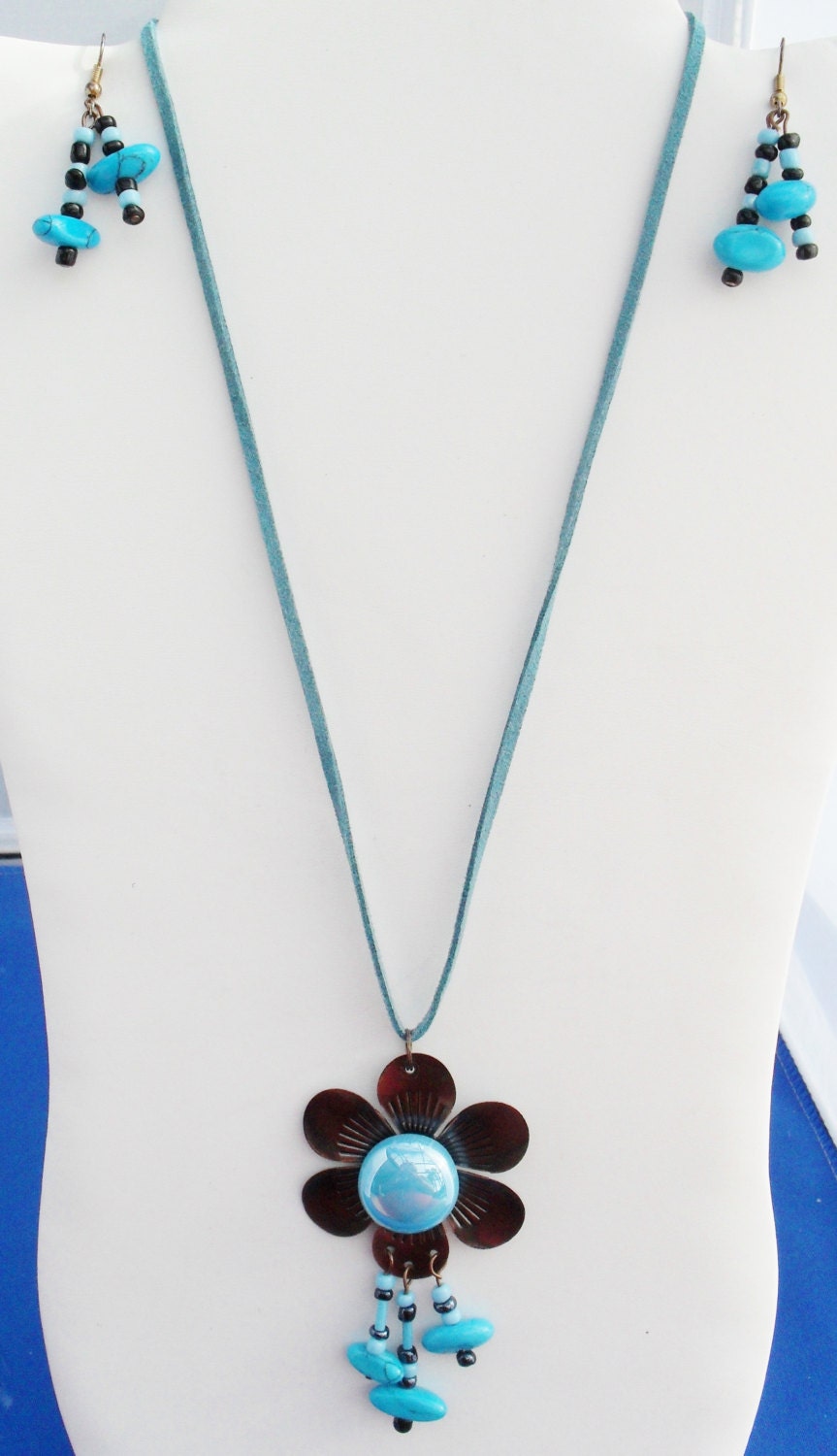 Unisex, copper, OOAK, flower, floral, turquoise, leather, handmade, Fathers Day, Gift, Graduate, Brother, Friend, jewelry set, Item S-209