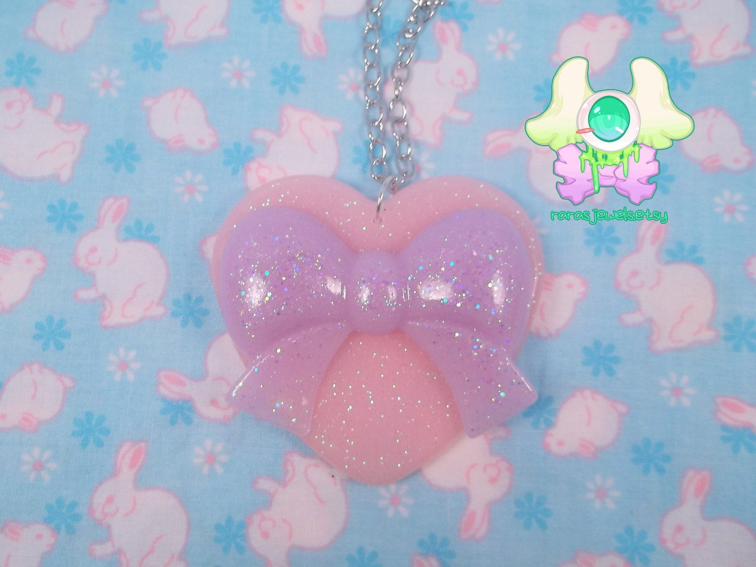 Fairy Kei Heart and Bow Necklace - Pink Heart with Lavender Bow