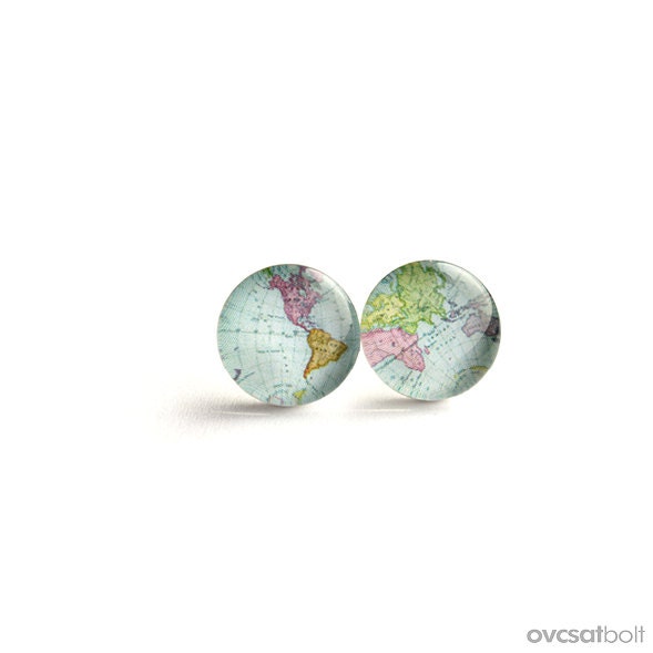 World map post earrings (blue), Antique world map earring studs, Whole Wide World stud