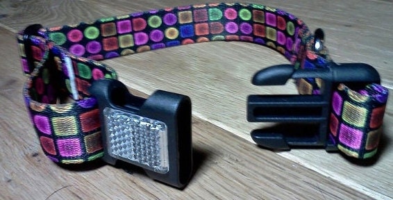 SALE Dog Collar - Reflector Buckle 1 inch Adjustable Black Neon Blocks