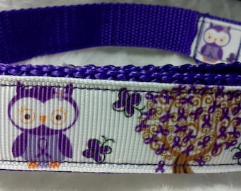 Purple Ribbon Dog Collar with purple ribbon charm: Adjustable Purple Owl Tree Ribbon, Purple Awareness Dog Collar, Owl Tree Ribbon