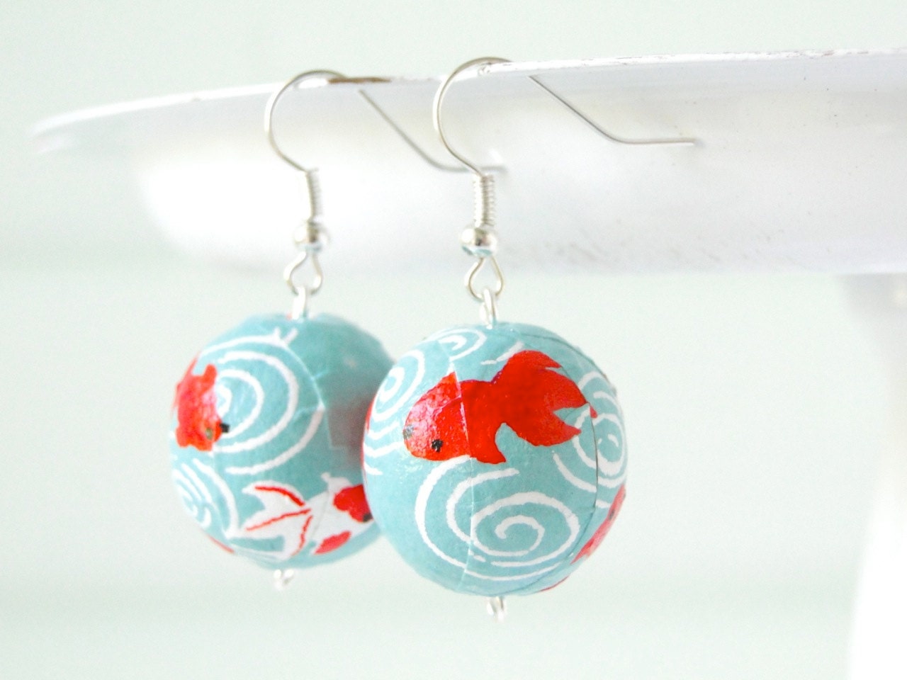 Turquoise and Red Earrings, Koi Fish EArrings, Japanese Washi, Handmade Beads, Gift under 20, Kingyo, Asian Jewelry