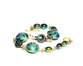Turquoise Cloisonne Bracelet, Green Blue Gold Enamel Bead Bracelet, Spring Jewelry, Gift for Mom, Gift for Her