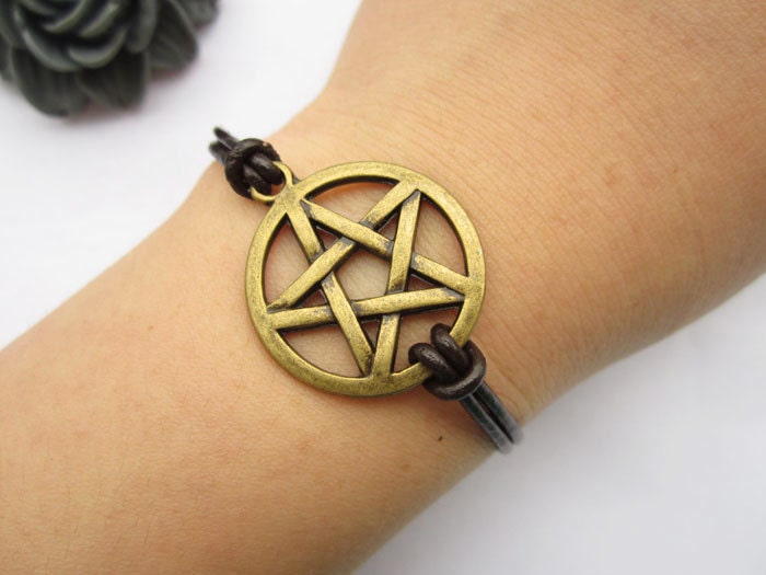 Supernatural Inspired bracelet--antique bronze pentagram pendant&brown leather bracelet