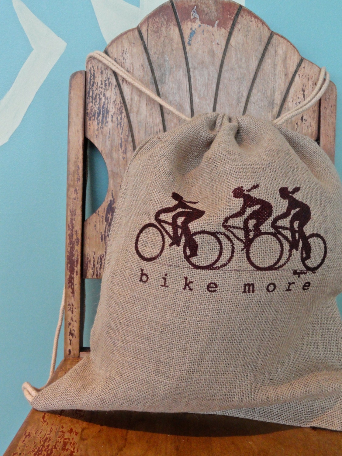 Bike More, Jute / Burlap drawstring backpack