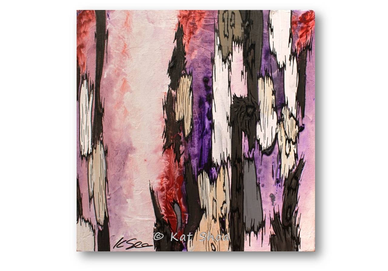 ORIGINAL Painting of Trees - Tree Art 12x12 - home accent piece glossy purple lavender red pink gray brown white office living room art
