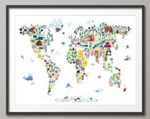 Animal Map of the World Map for children and kids, Art Print, 18x24 inch (61)