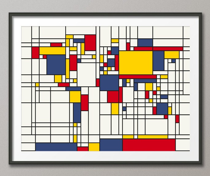Map of the World Map in the style of Piet Mondrian, Art Print 18x24 inch (202)