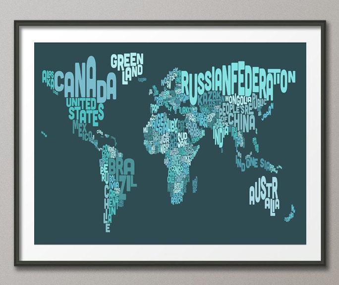 Typographic Text Map of the World Map, Art Print 18x24 inch (605)