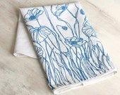 Dish Towel Tea Kitchen Linen Monaco French Blue Poppy Flower Grass Cloth Screen Print Hand-Printed Hostess Gift Single Towel