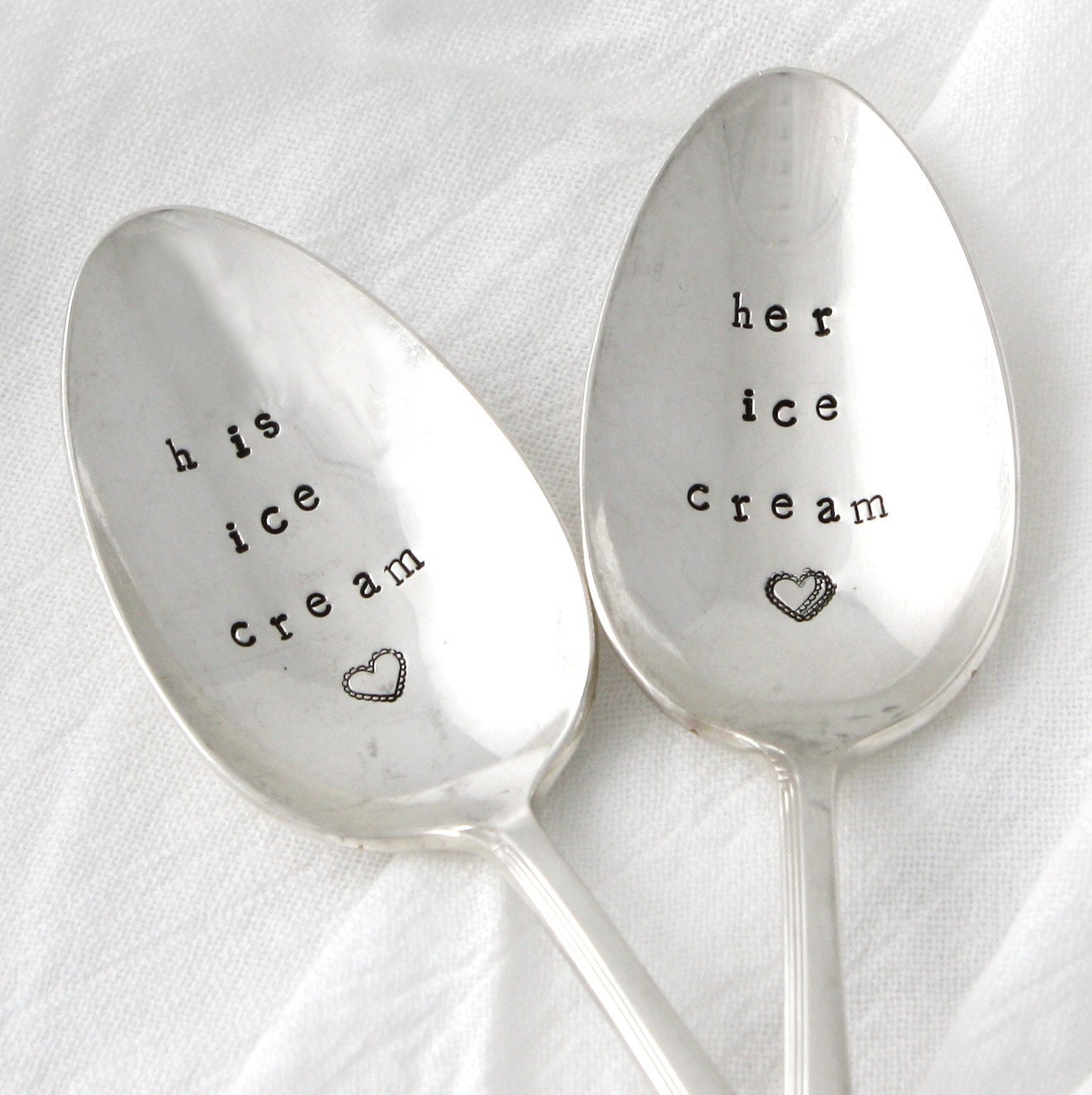 Charming His Ice Cream and Her Ice Cream Spoon, set of 2 vintage hand stamped vintage silver spoons with hearts By MilkandHoneyLuxuries