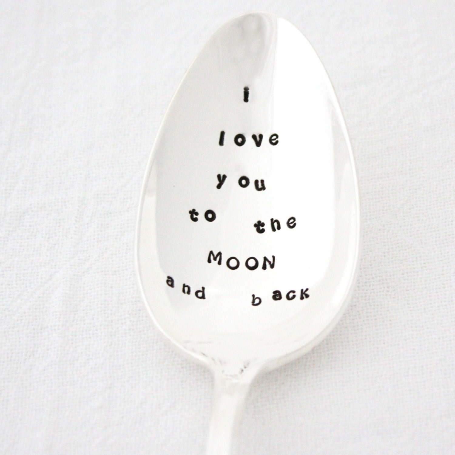 I Love You to the MOON & Back, Hand stamped ice cream or cereal spoon. Vintage silverplated flatware makes a unique gift idea.
