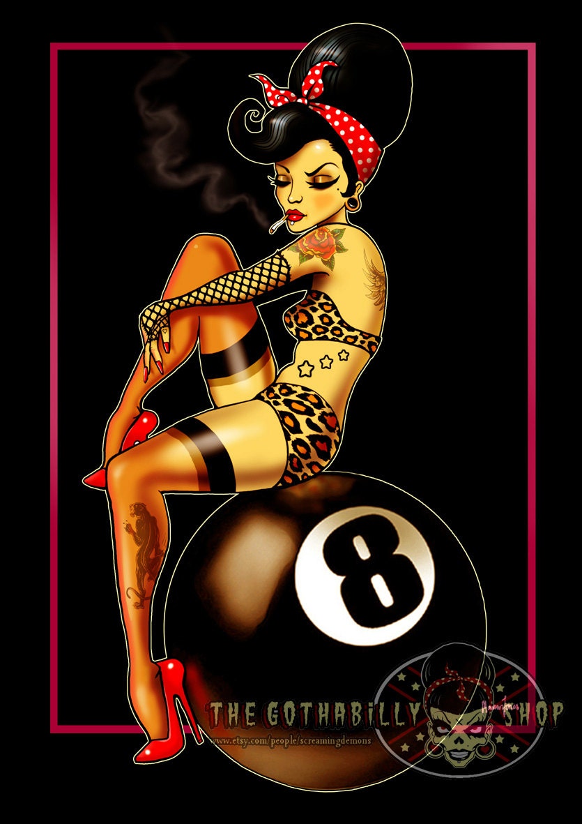 Eightball Rockabilly Pinup Art Print by Marcus Jones  11.5" x 8" approx size