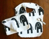 ON SALE Black and White Elephant Baby Bib and Burp Set // Baby // Gift Set