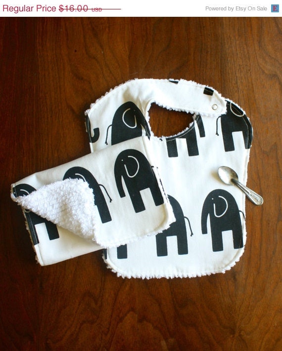 ON SALE Black and White Elephant Baby Bib and Burp Set // Baby // Gift Set