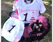 Custom Eiffel Tower Birthday Tutu Outfit- Personalized Applique Shirt, Tutu, Chunky Necklace- Bloomers and Hair Bow- Photography Prop