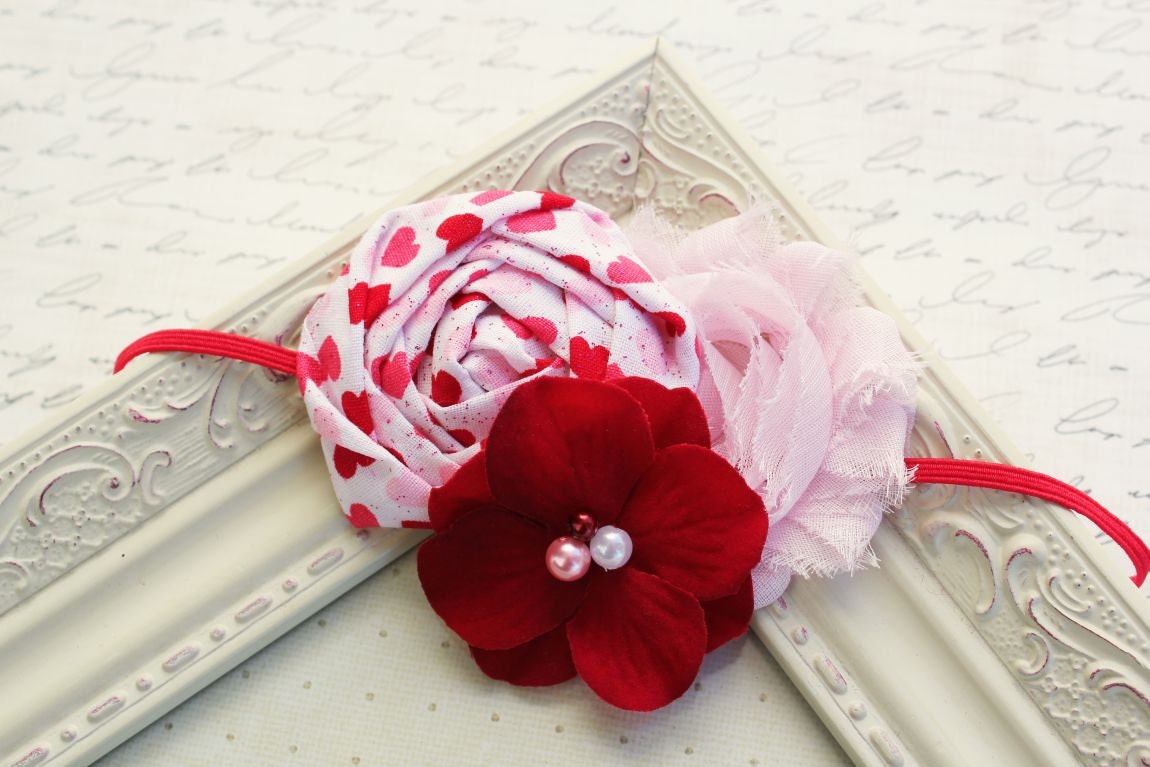 Valentine's Day headband, baby headband, flower headbands, red and pink headbands, newborn headband, heart headbands, photography prop