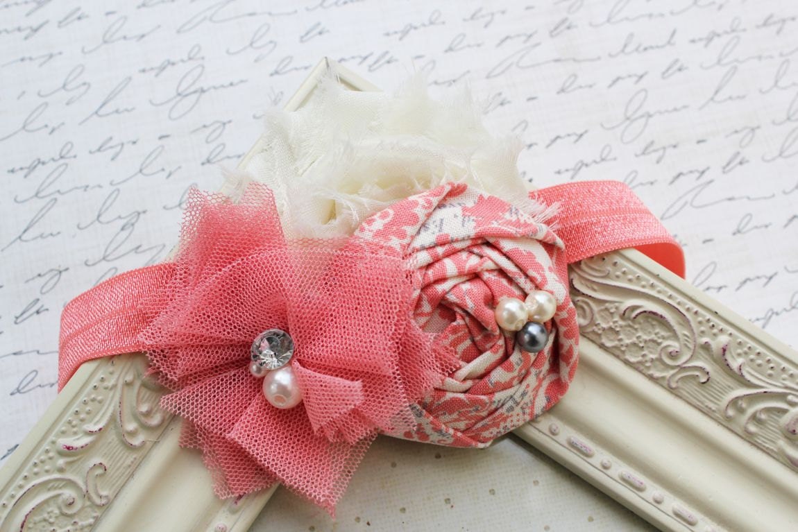 Coral and Ivory rosette and chiffon headband, coral headbands, newborn headbands, flower headbands, vintage headbands, photography prop