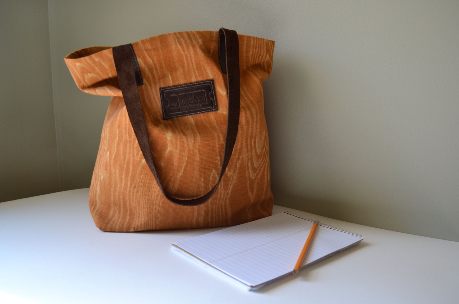 Handmade Cotton Canvas Book Bag Tote Spring Wood grain Brown Leather Straps Limited Edition