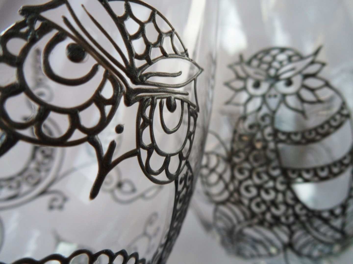 WINE GLASS OWLS set of 2 two Symbolizes knowledge, wisdom, protection, transition. Mehndi/henna style. Personalize (option)