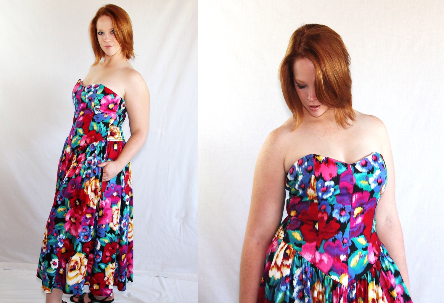 80s Does 50s Dress / Pin Up / Rockabilly / Sundress / Floral Print / Rainbow / Bombshell / Strapless / Robbie Bee