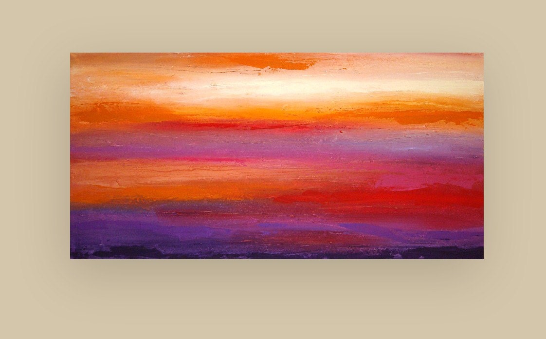 Acrylic Abstract Painting on Gallery Canvas Titled: Autumn Sunset 24x48x1.5" by Ora Birenbaum