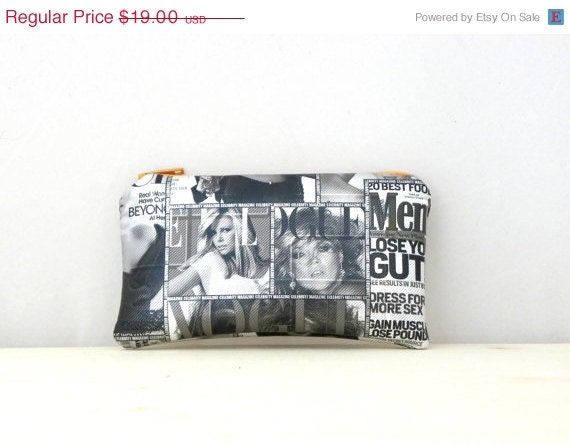 25 SALE Small Cosmetic Pouch, Coin and Card Wallet, OOAK Coin Purse, Card Pouch, Black and White Pouch, Vogue and Magazine Cover Pouch