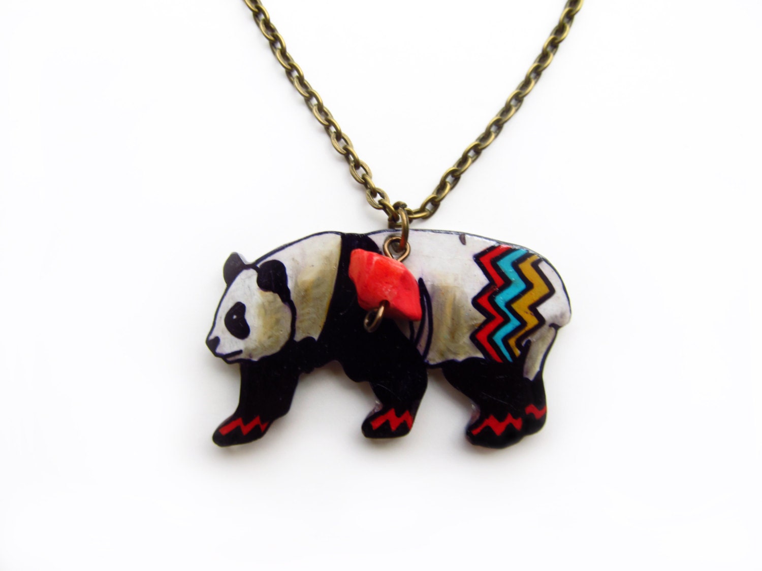 Panda Bear Necklace / Chevron Necklace / Chevron Animal / Zig Zag  / Endangered Species / Black and White / Shrink Plastic Jewelry