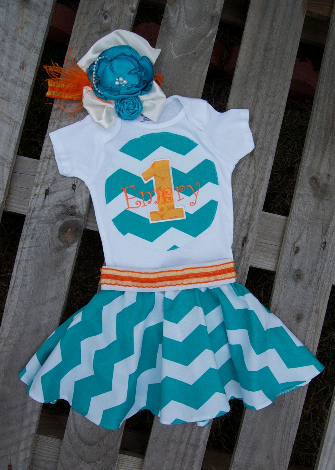Girl's Personalized Chevron First Second Birthday Outfit Aqua Orange Shirt Skirt Bow