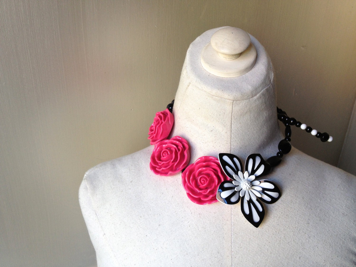 Mothers Day SPRING Flower Brooch Pearl Statement Necklace in Magenta, Black, White & Pink Jewelry by ZILLAS QUEEN