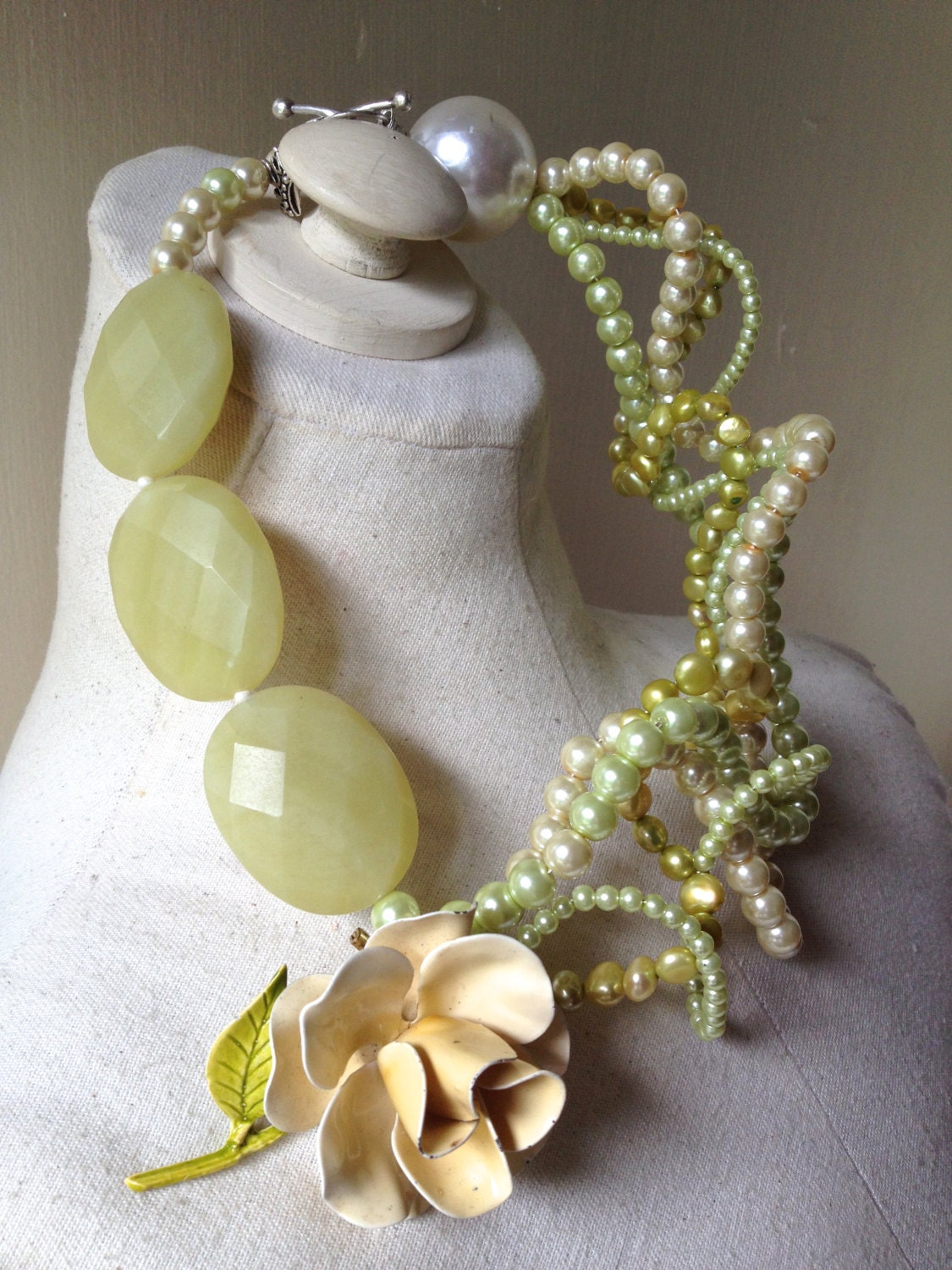 Flower Rose Brooch Wedding Pearl Necklace in Lime, Green, Butter & Cream featuring Statement Jewelry by ZILLAS QUEEN